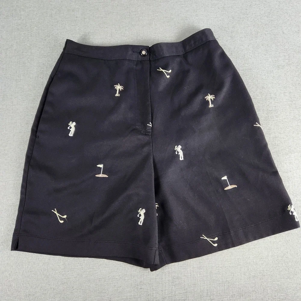Coral Bay Golf Shorts Womens 6 Black Embroidered Palm Tree Golfing Novelty Print